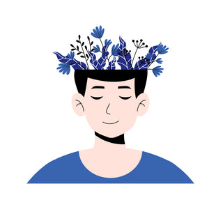 Icône d'un homme souriant avec cerveau ouvert d’où émergent des plantes relaxantes, symbole de bien-être mental.