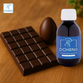 Tablette de chocolat noir et flacon de phycocyanine Dohrnii, combinaison antioxydante pour le bien-être naturel.