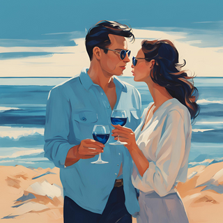 Couple élégant sirotant une boisson bleue à base de phycocyanine sur une plage, symbole d’un soin beauté intérieur et extérieur. Superaliment pour une peau éclatante et un bien-être optimal.