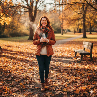 Femme souriante marchant dans un parc en automne, tenant une tasse chaude dans les mains, entourée de feuilles orange et brunes.