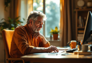 Homme de 50 ans concentré devant son ordinateur, cherchant des solutions pour améliorer son énergie et sa nutrition.