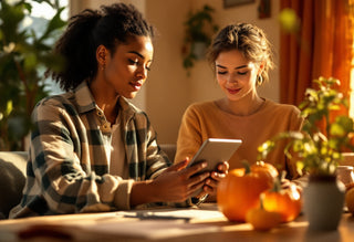 Deux jeunes femmes consultant une application de nutrition personnalisée sur tablette.