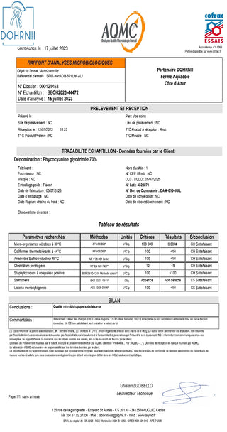 Fiche d'accréditation COFRAC de la phycocyanine Dohrnii afin de dévoiler en toute transparence les analyses bactériologiques de leur production de spiruline