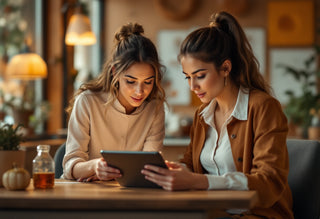 Deux femmes consultant des conseils nutritionnels sur tablette dans une ambiance chaleureuse.