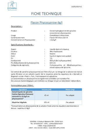 Description du contenu d'un flacon de phycocyanine Dohrnii avec les spécification technique pour une parfaite transparente