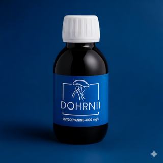 Flacon noir Dohrnii avec étiquette bleue de phycocyanine liquide 4000 mg/L sur fond bleu