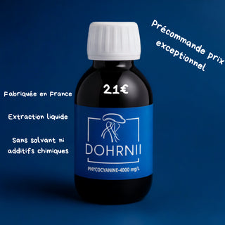 Flacon de phycocyanine Dohrnii 4000 mg/L fabriquée en France, extraction liquide sans solvants, prix spécial précommande.