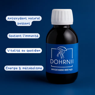 Flacon de phycocyanine Dohrnii 4000 mg/L – antioxydant naturel, soutien de l’immunité, énergie et vitalité au quotidien.