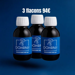 Pack de 3 flacons de phycocyanine Dohrnii 4000 mg/L pour une cure complète de 3 mois.