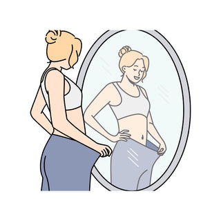  Icône illustrant une femme devant un miroir qui observe une perte de poids après une cure de phycocyanine, symbole d’un foie détoxifié et actif.