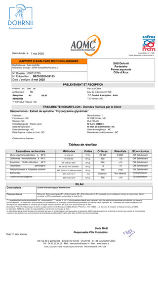 Rapport d’analyses microbiologiques – Phycocyanine Dohrnii – Contrôle qualité COFRAC – Fabrication française, qualité microbiologique satisfaisante.