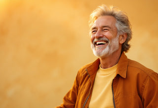 Homme mature rayonnant et souriant, symbole de regain d’énergie grâce à un coaching nutritionne