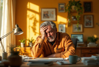  Homme de 50 ans fatigué et stressé devant ses papiers, besoin d’équilibre nutritionnel et hormonal.