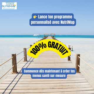 Image d’un ponton en bois menant vers la mer turquoise, avec le texte : “Lance ton programme personnalisé avec NutriMap – 100% GRATUIT – Commence dès maintenant à créer tes menus santé sur-mesure”. Invitation à tester l’application gratuite NutriMap sur fond de vacances.