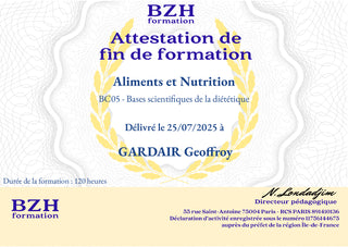 Attestation de fin de formation en Aliments et Nutrition délivrée à Geoffroy Gardair par BZH Formation, mentionnant 120 heures de formation en diététique.
