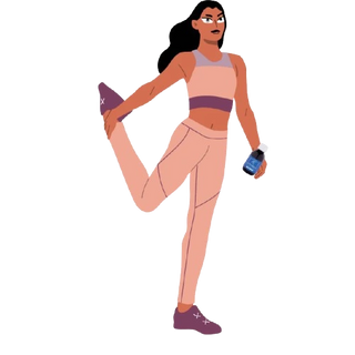 Illustration d'une femme qui s'étire en tenue de sport. Elle semble détendue et tient dans une main un flacon de phycocyanine Dohrnii